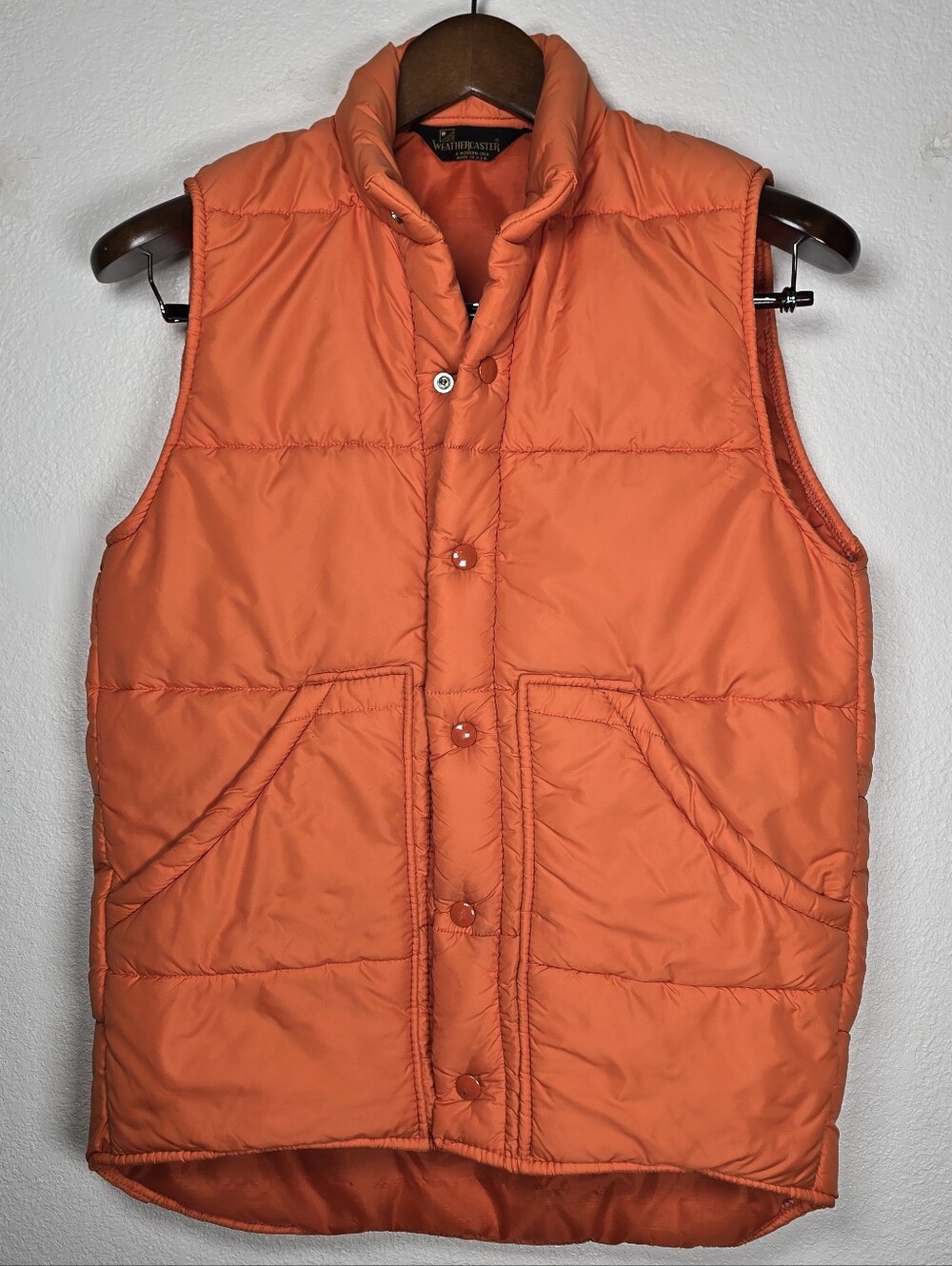 Vintage 70s Weathercaster Puffer Vest Orange Made in USA Size Small